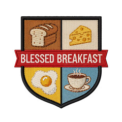 Blessed breakfast embroidery patch featuring bread, cheese, egg and coffee