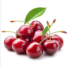 A cluster of cherries with stems and leaves, vibrant red and glossy, isolated on white background
