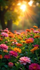 Obraz premium Golden hour sunlight streams through leaves onto a vibrant flower garden, radiating joy and warmth Perfect for themes of happiness, nature, and positive energy , bright, picturesque, garden