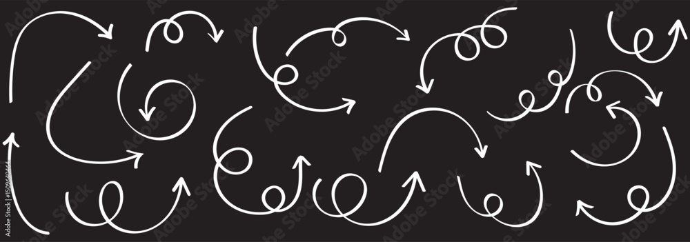 Poster collection of curved arrows. set simple curved hand drawn arrows. collection of pointers.
