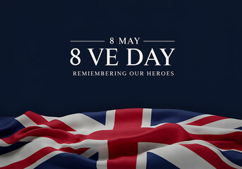 VE Day Remembrance with Union Jack Flag Background and Text Overlay