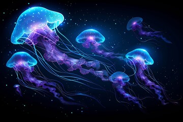 Cluster of jellyfish glowing in deep ocean darkness bioluminescent blue and purple hues floating gracefully hyper realistic underwater scene