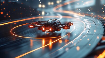 A futuristic drone racing competitionâ€™s final lap, glowing trails behind the leading drone