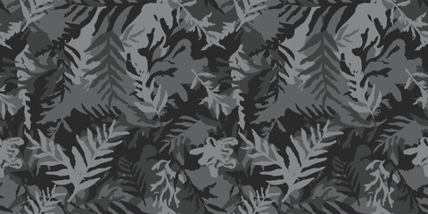 Camouflage with leafs and twigs, seamless hand drawn pattern, printing on fabric. Tropical camo texture with botanical motif. Grunge brush painted floral background. Vector black wallpaper print