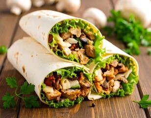 Delicious wraps stacked on a wooden table