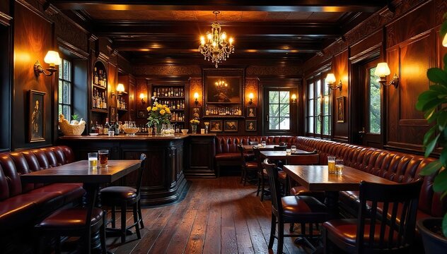 Cozy English pub interior, dark wood, warm lighting, comfortable seating, classic decor, perfect for a relaxing evening , drinks, alcohol