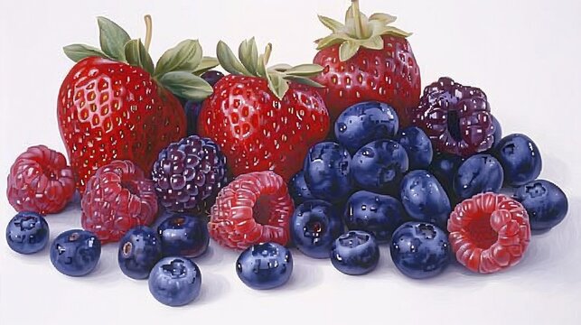 Collection of fresh colorful berries including strawberries blueberries and raspberries artistically scattered on a white background