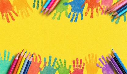 Colorful handprints with pencils on yellow background