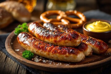 Traditional Bavarian sausages served on a rustic plate with mustard and garnish