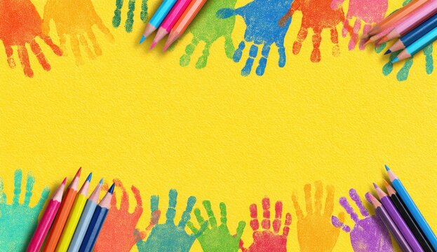 Colorful handprints with pencils on yellow background