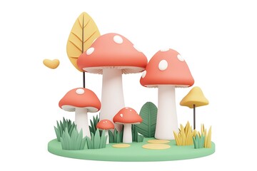 Adorable cartoon mushrooms autumn scene 3d render