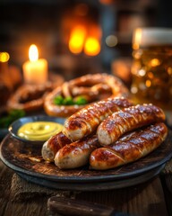Traditional Bavarian sausages served on a rustic plate with mustard and garnish