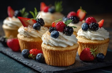 Assorted berry topped cupcake desserts arrangement