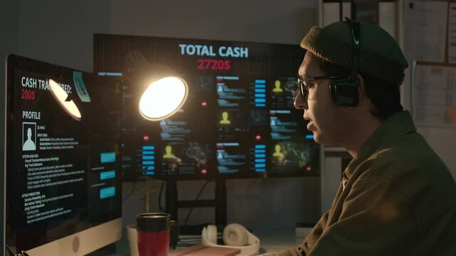Medium shot of Indian male scam call center worker impersonating bank official sitting at computer, speaking to target person while reading personal profile on screen, duping into revealing password