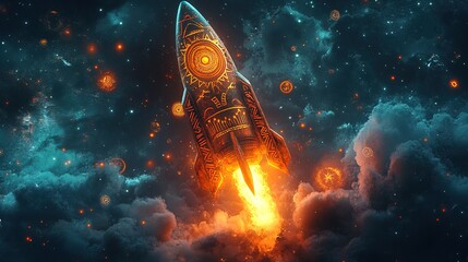 A tribal-themed rocket glowing with ancient cosmic symbols