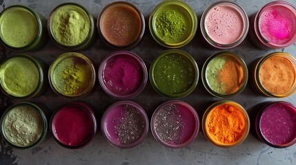 Colorful assortment of superfood smoothies in glass jars featuring flavors like acai matcha and turmeric