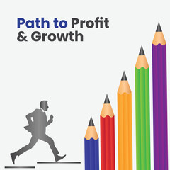Path to Profit and Growth: A businessman runs towards a rising graph formed by colorful pencils, symbolizing progress, growth, and achieving financial goals.