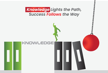 Knowledge and Success: A stylized visual representation of knowledge, triumph and the path to success, with elements such as a wrecking ball and person, books and a motivational quote.
