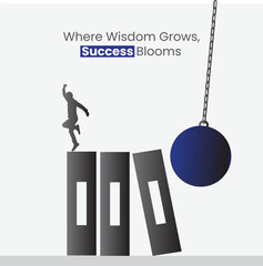 Overcoming Challenges: An inspiring illustration showing a silhouetted figure triumphantly leaping towards success as they navigate a series of books, while a wrecking ball approaches.