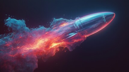 A translucent rocket made of liquid neon, morphing as it ascends