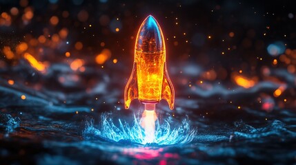 A translucent rocket made of liquid neon, morphing as it ascends