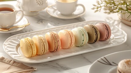 Colorful display of French macarons in pastel shades neatly arranged on a white plate