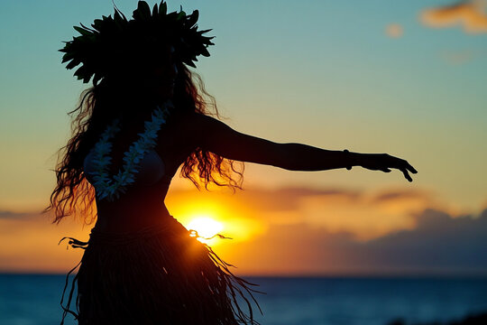 Hawaiian hula dancer swaying gracefully silhouette