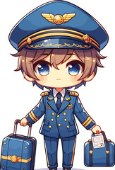 Cute Chibi Male Pilot with Suitcases – Kawaii Vector Character in Uniform