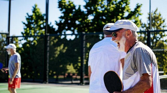 Two elderly men playing pickleball outdoors, captured in a candid low-angle shot, showcasing joy and friendship in a lively video scene.