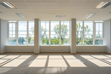 Empty room with large window, symbolizing minimalism, real estate potential, natural light, interior architecture, and spacious modern living environment