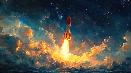 A surrealist painting of a glowing red rocket melting into the night sky 