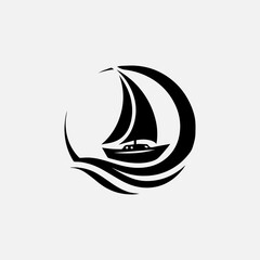 A sleek black vector logo silhouette of a beautiful sailboat within a perfect circle