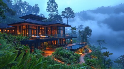 Luxurious mountaintop home nestled in lush tropical foliage