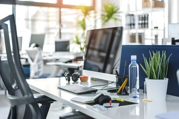 Modern office interior with desk, symbolizing productivity, clean workspace, professional environment, minimalist design, and contemporary business setting

