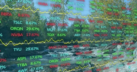 Stock overlay appearing on riverbank tickers updating and graph fluctuating showing market trends - Powered by Adobe