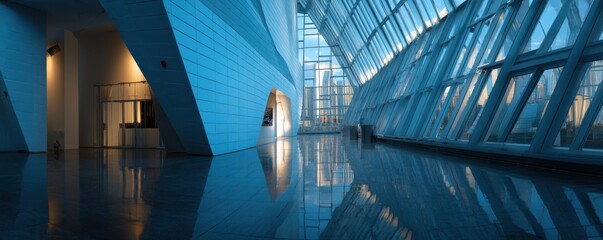 Obraz premium Modern architecture hallway with glass and reflection