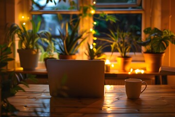 Modern cozy room with a laptop and coffee cup on the desk, symbolizing remote work, productivity, creative workspace, and contemporary lifestyle

