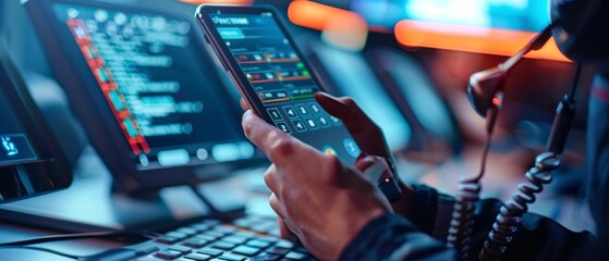 Hands Using Smartphone with Code Displayed, Analyzing Data, Technology Concept with Dark Moody Tones and Futuristic Environment