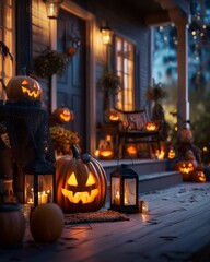 Obraz premium Welcoming front porch decorated with Halloween props, pumpkins, and lights