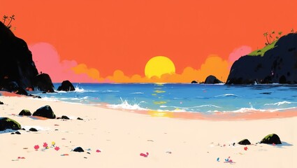 A vibrant, dreamy sunset over a peaceful tropical beach.