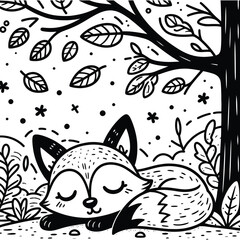 Sleeping Fox Under Tree With Leaves