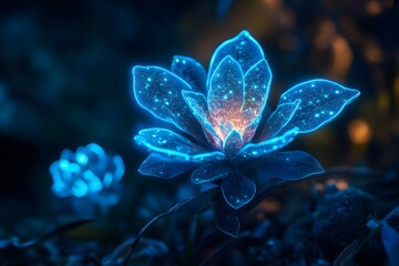 Glowing blue lotus flower with a cosmic sparkle against a dark enchanting background