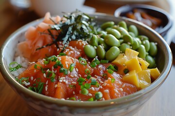 Colorful poke bowl with fresh salmon avocado edamame seaweed and sesame seeds arranged beautifully in a ceramic bowl