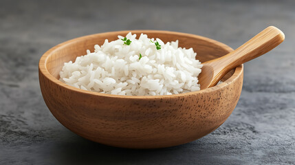 Organic rice served in a bowl with a wooden spoon on a solid background, perfect for healthy meal concepts or natural food branding with clean presentation.