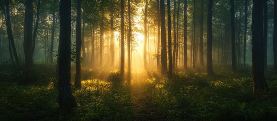 Fototapeta premium Sunlight streams dramatically through the dense trees of a forest