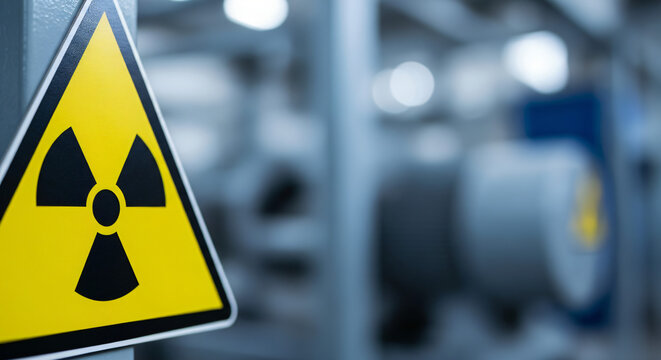Close-up of a triangular warning sign featuring a black radiation symbol on a yellow background. The background appears to be an industrial or mechanical setting with blurred pipes or machinery.