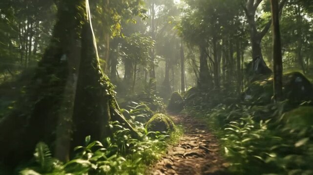 Sunlit path through lush green forest