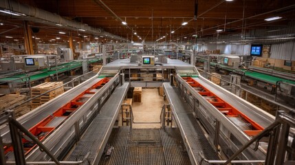 Automated sorting process manufacturing facility industrial equipment warehouse aerial view efficiency in operations