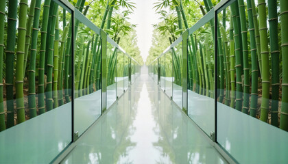 Bamboo stalks reflected in mirrored pathway surrounded by greenery  