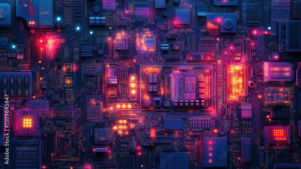Poster glowing elements on complex circuit board revealing precision in advanced electronics